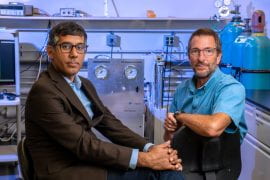 <p>M.J. Abdolhosseini Qomi (left) and Russ Detwiler, both associate professors of civil and environmental engineering at UCI, are frequent collaborators in studies examining ground carbon mineralization. Through simulations, experimentation and theory, they are working to solve problems in CO2 sequestration, thought to be a powerful tool in mitigating climate change. Steve Zylius / UCI</p>
