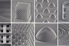 <p>A UCI-led team of engineers developed a method to 3D print glass micro- and nanostructures. Scanning electron microscope images show nanolattice structures on upper left to parabolic microlenses on upper right. The bottom row shows close-in details of the microscopic images, with a detail of a nanostructured Fresnel lens element on the lower right. Jens Bauer / UCI, KIT</p>
