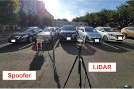 <p>Computer science and electrical engineering researchers at UCI and Japan’s Keio University demonstrated that they could fool the sensing systems that enable autonomous vehicles to navigate streets and roads into perceiving objects in the roadway or missing them entirely. Their custom-designed experimental apparatus, pictured here on Keio University&#8217;s Yagami campus, included a laser, lens and advanced electronics. Yuki Hayakawa / Keio University</p>
