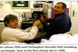 <p>In 1998, Tibor Juhasz (left) and Christopher Horvath install the first femtosecond laser eye surgery prototype in Budapest, Hungary. A few days later, it was used for the first time on a human subject.</p>
<p>Dr. Ron Kurtz</p>
