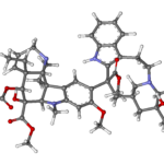 <p>A ball and stick molecular model of vinblastine showing its complex structure with many carbon rings. (Credit: MarinaVladivostok/Creative Commons)</p>
