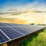 <p>Solar panel cell on dramatic sunset sky background,clean Alternative power energy concept.</p>
 