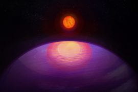 <p>This artistic rendering shows the possible view from LHS 3154b toward its low-mass star, LHS 3154. The relative sizes of the exoplanet and star are causing astronomers to reevaluate previous assumptions about planet and solar system formation. Researchers say that given its large mass, LHS 3154b likely has a composition similar to that of Neptune. Penn State</p>
